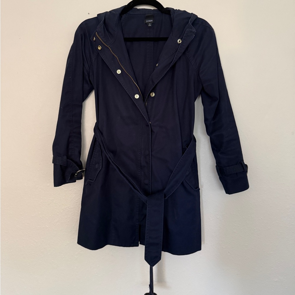 J Crew Petite Navy Trench Coat with Hood